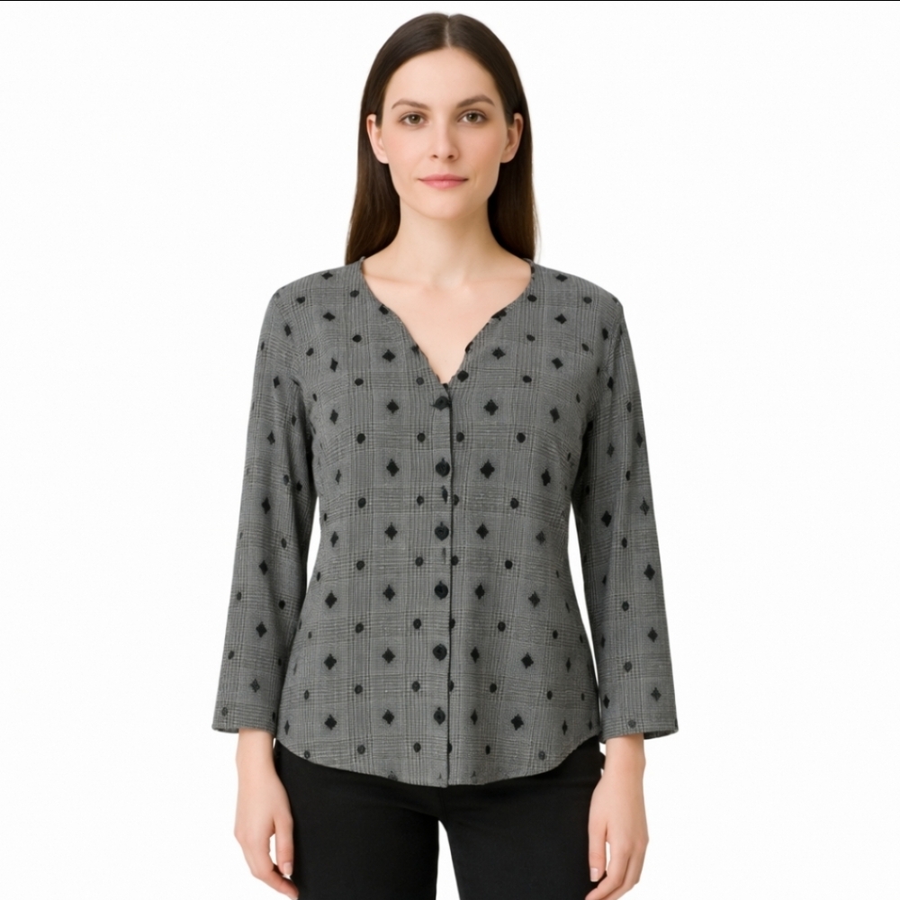 Talbots Black Houndstooth Polka Dot Back Zip Vintage Top Sz Med